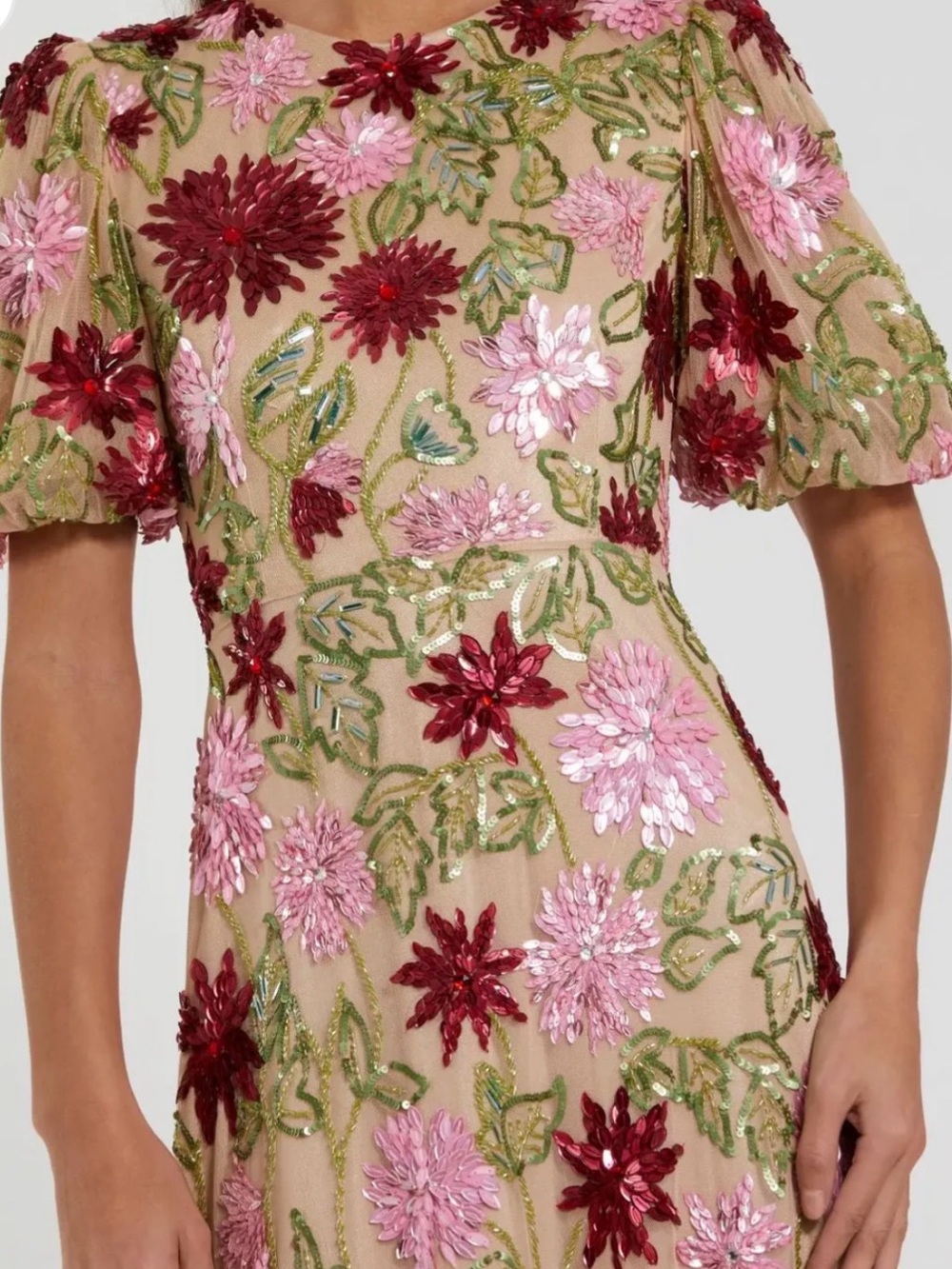 Mac Duggal Beige Maxi Dress with Pink & Burgundy Floral Embroidery - Picture 2 of 10
